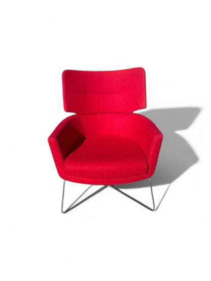 Connection Open Lounge Chair – Red Fabric – Chrome Wire Base – Designer Reception/Breakout Chair – Refurbished