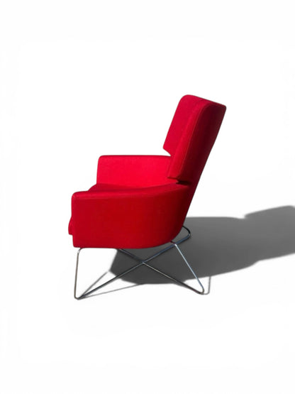 Connection Open Lounge Chair – Red Fabric – Chrome Wire Base – Designer Reception/Breakout Chair – Refurbished