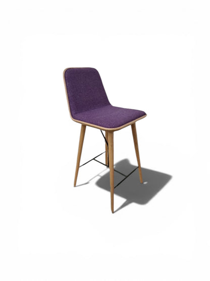 Federica: Spine Bar Stool – Wooden Frame – Dark Purple Fabric Seat – Refurbished