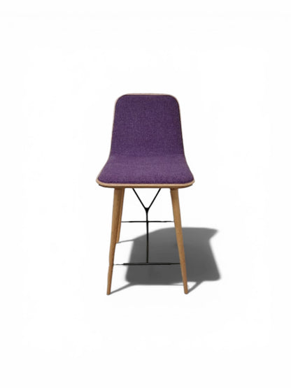 Federica: Spine Bar Stool – Wooden Frame – Dark Purple Fabric Seat – Refurbished