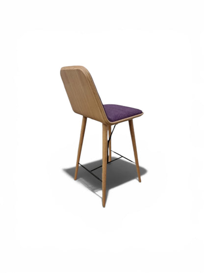 Federica: Spine Bar Stool – Wooden Frame – Dark Purple Fabric Seat – Refurbished